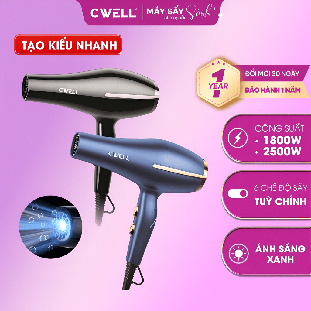 Máy sấy tóc CWELL C03HD 1800W/2500W, 6 chế độ sấy nóng lạnh, sấy khô nhanh, tự ngắt khi quá nhiệt