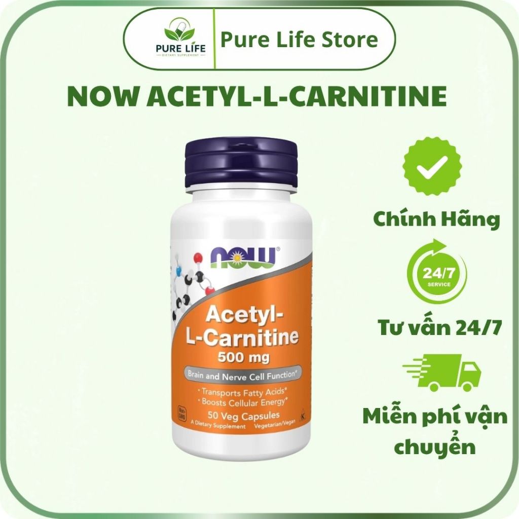 NOW Acetyl L-Carnitine 500mg tăng cường năng lượng, tập trung, hỗ trợ sức khỏe não bộ - Pure Life