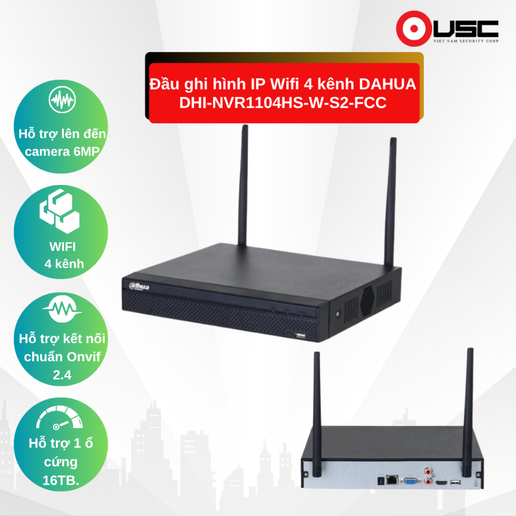 Đầu ghi hình IP Wifi 4 kênh DAHUA DHI-NVR1104HS-W-S2-FCC, chính hãng giá tốt