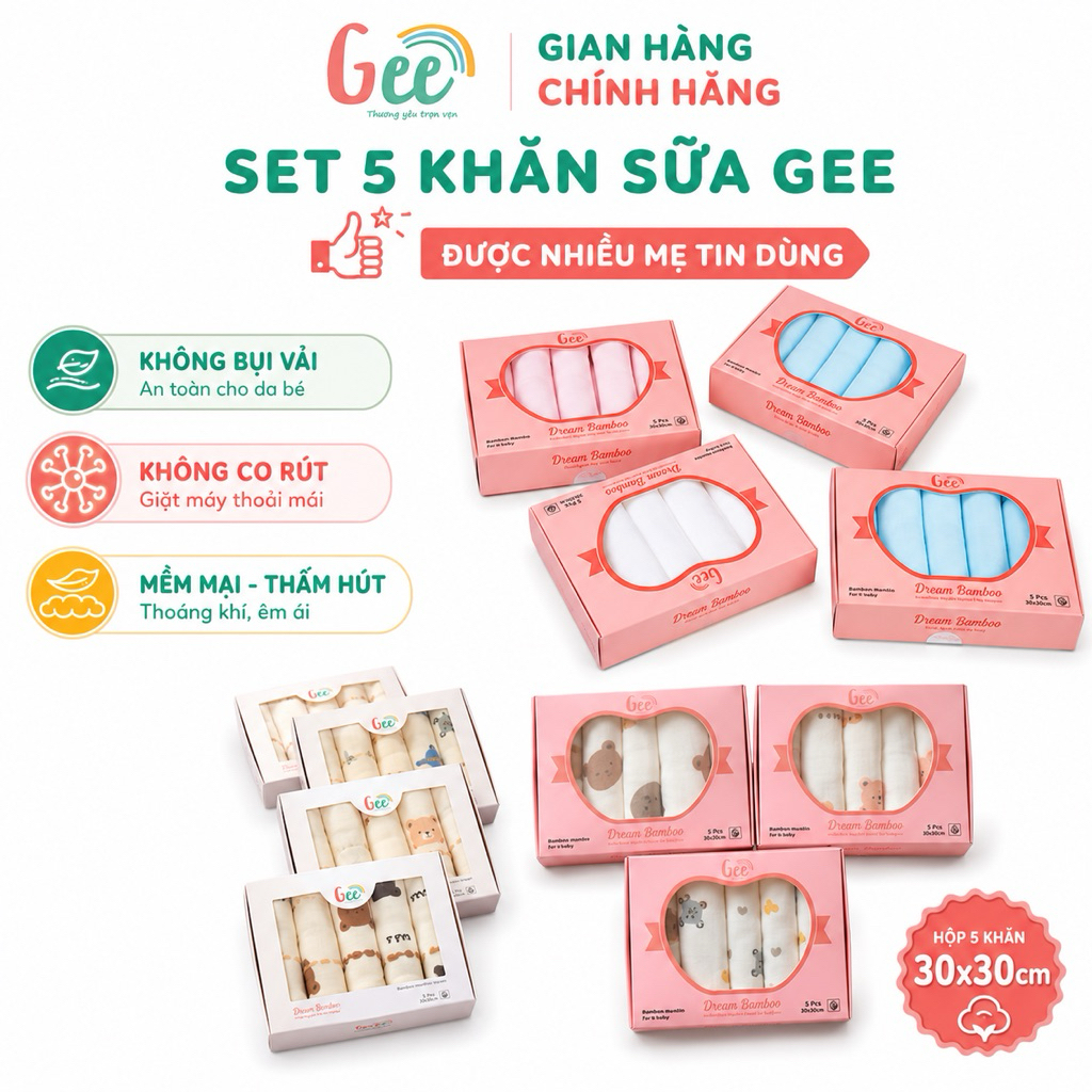 Set 5 khăn sữa Gee sợi tre cho bé sơ sinh, khăn xô muslin an toàn, không bụi vải, thấm hút