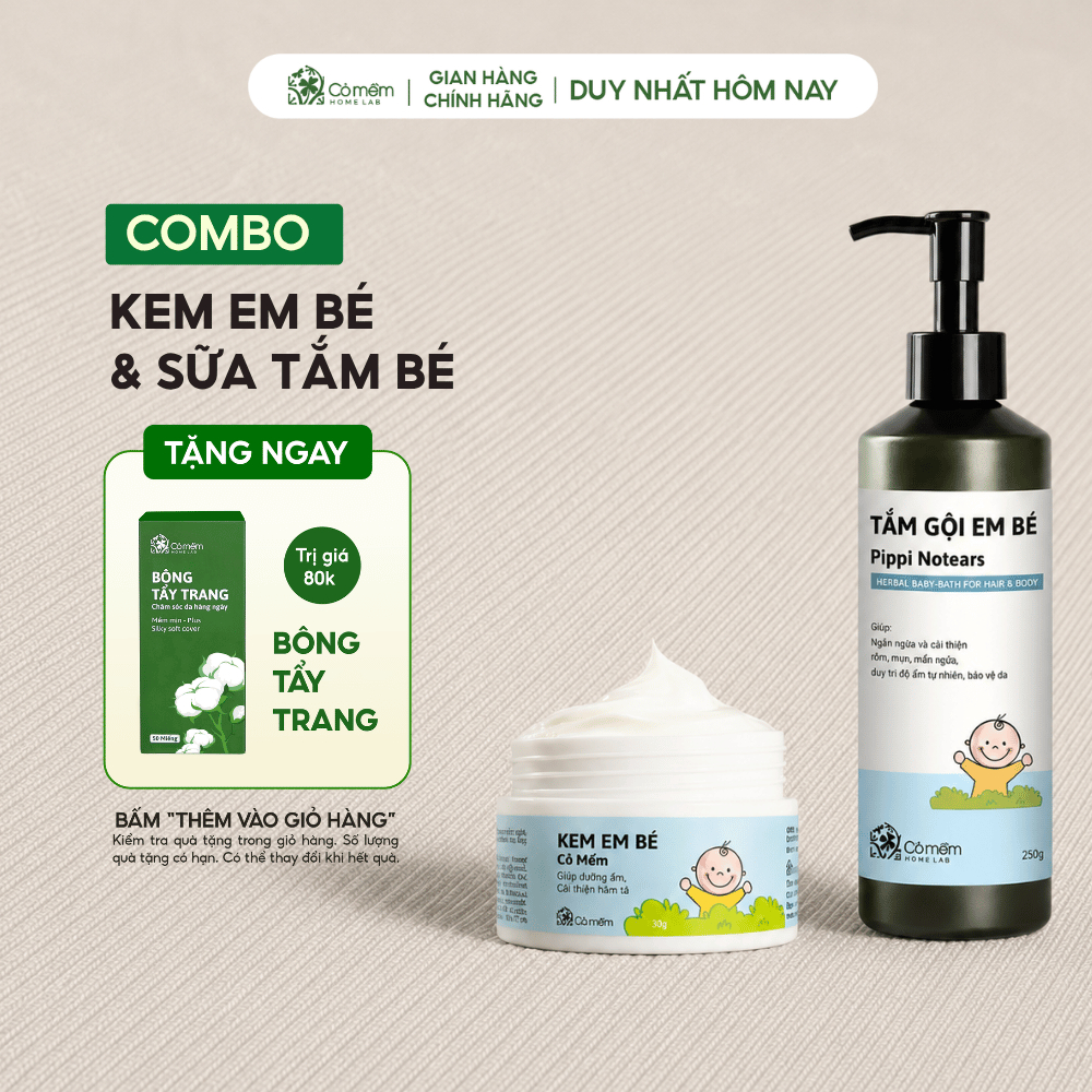 Combo Chăm Sóc Bé Sữa Tắm Pippi Và Kem Em Bé Dưỡng Ẩm Ngăn Ngừa Cải Thiện Hăm Tã Rôm Mụn Mẩn Ngứa Cỏ