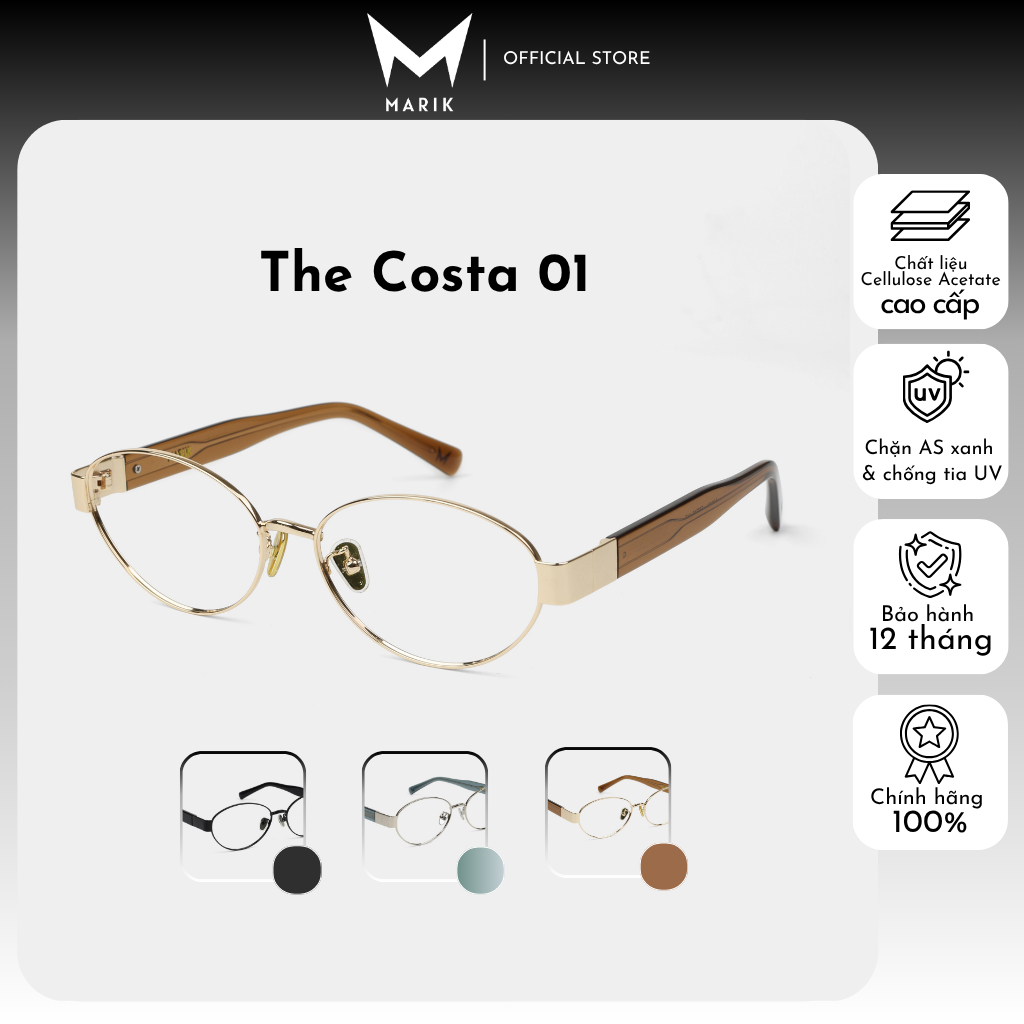 MARIK Gọng cận thời trang The Costa 01 dáng oval kim loại mảnh sang trọng vintage Acetate cao cấp