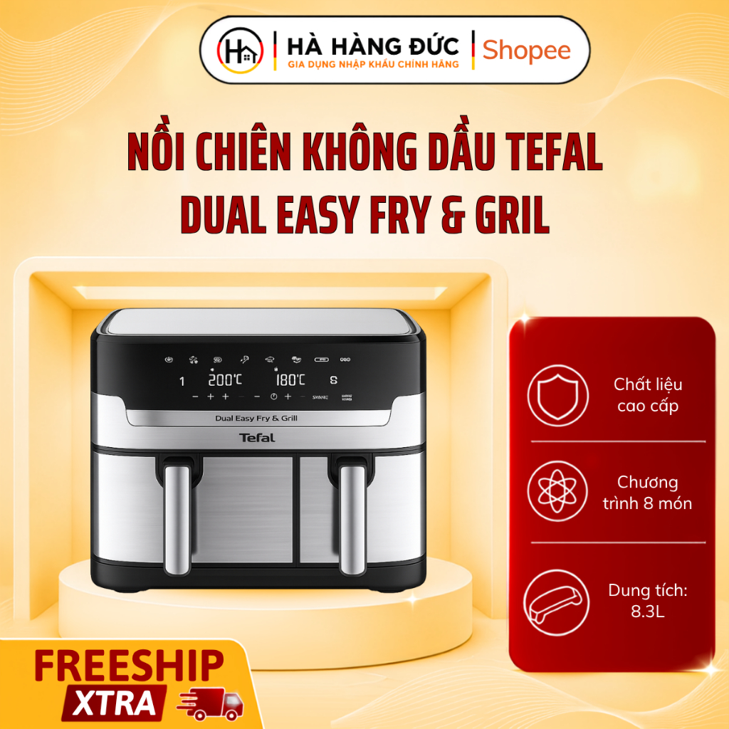 Nồi Chiên Không Dầu Điện Tử  2 Ngăn Tefal Dual Easy Fry & Grill EY905D10 8.3L Công Suất 2700W