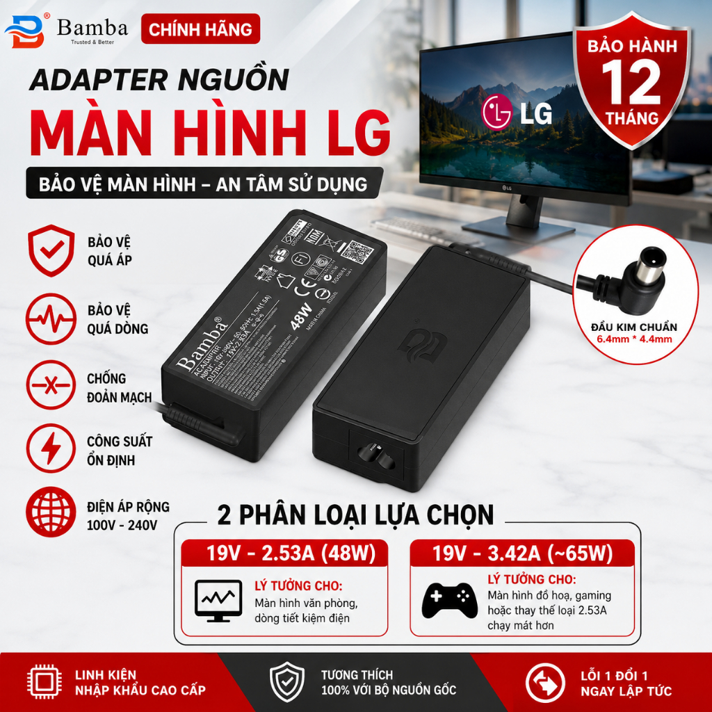 Adapter nguồn sạc màn hình LG 19V (2.53A và 3.42A) Bamba - Bảo vệ mạch, Bảo hành 12 tháng