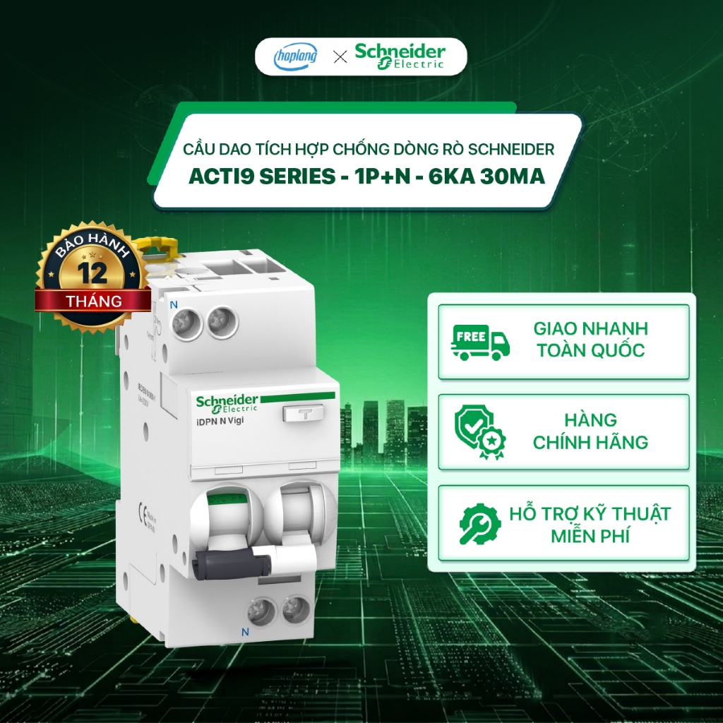 Cầu dao tích hợp chống dòng rò Schneider A9D31606 - Acti9 Series - 1P+N - 6kA 30mA A9D31616 A9D31632