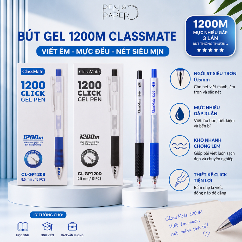 Bút Gel Bấm 1200M ClassMate, Bút Viết Siêu Lâu, Siêu Mượt, Lâu Mỏi Tay, Ngòi 0.5MM, Mực Xanh Đen Nha