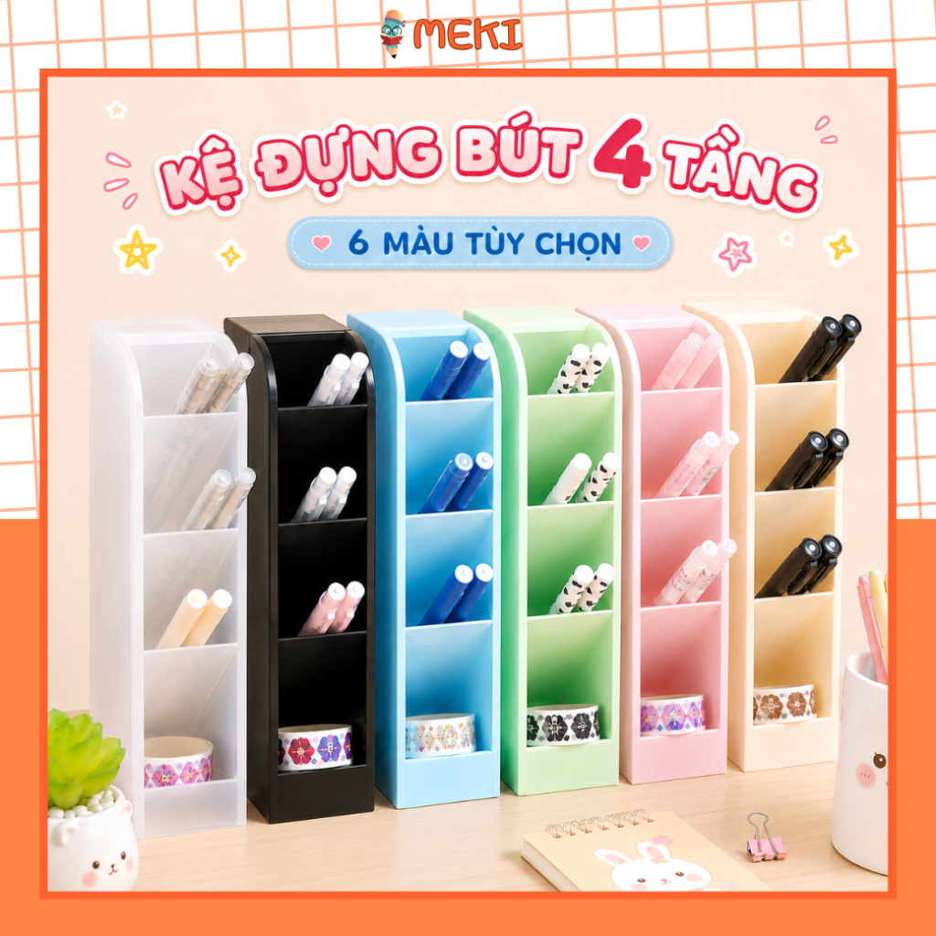 Kệ Đựng Bút MEKI, Kệ Ống Đựng Bút 4 Ngăn Màu Trắng Trong Suốt Để Bàn Văn Phòng Phẩm Đồ Dùng Học Tập