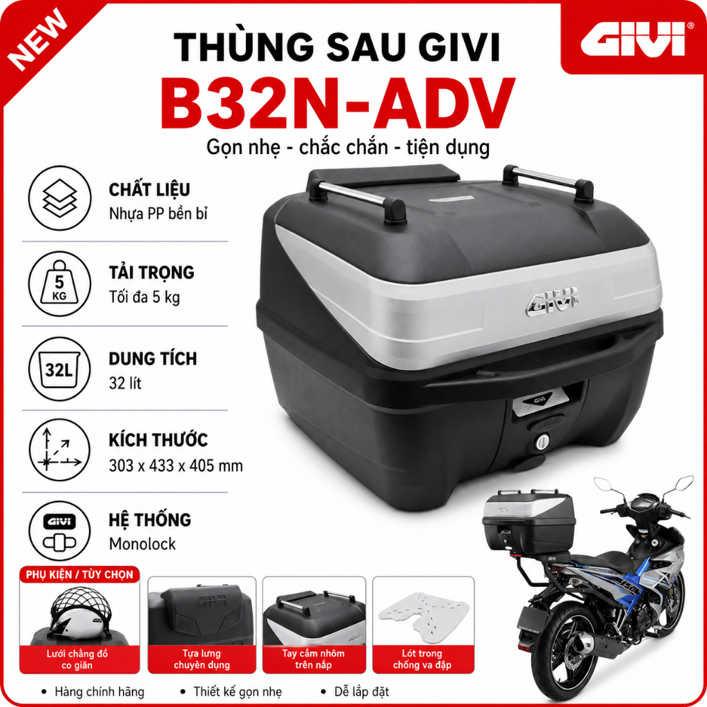 Thùng Sau Givi B32N-ADV BOLD ADVANCE- Thùng Givi Chính Hãng 32L Mẫu Nâng Cấp Gắn Sau Xe Máy