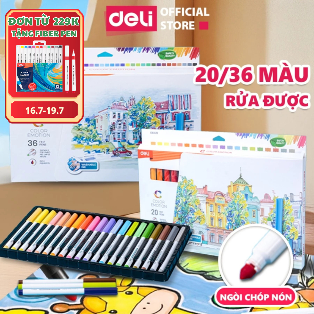 [MUA 1 TẶNG 1] Bút Lông Màu Fiber Pen Deli 20/36 Màu Pastel Basic Ngòi Chóp Rửa Được- Dùng Tô Vẽ Nét