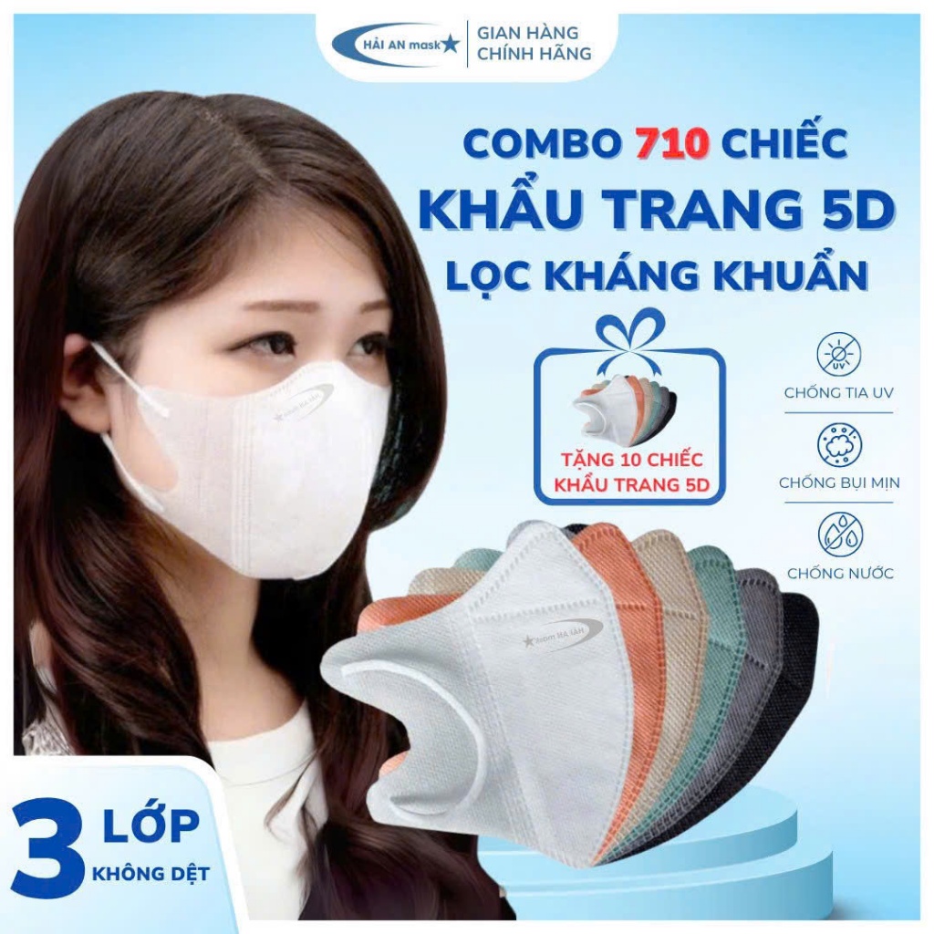[ Thùng 700-500 -300 Chiếc 5D + 10 Chiếc 5D] Khẩu Trang 5D HẢI AN MASK, 3 Lớp Kháng Khuẩn, Chống Tia