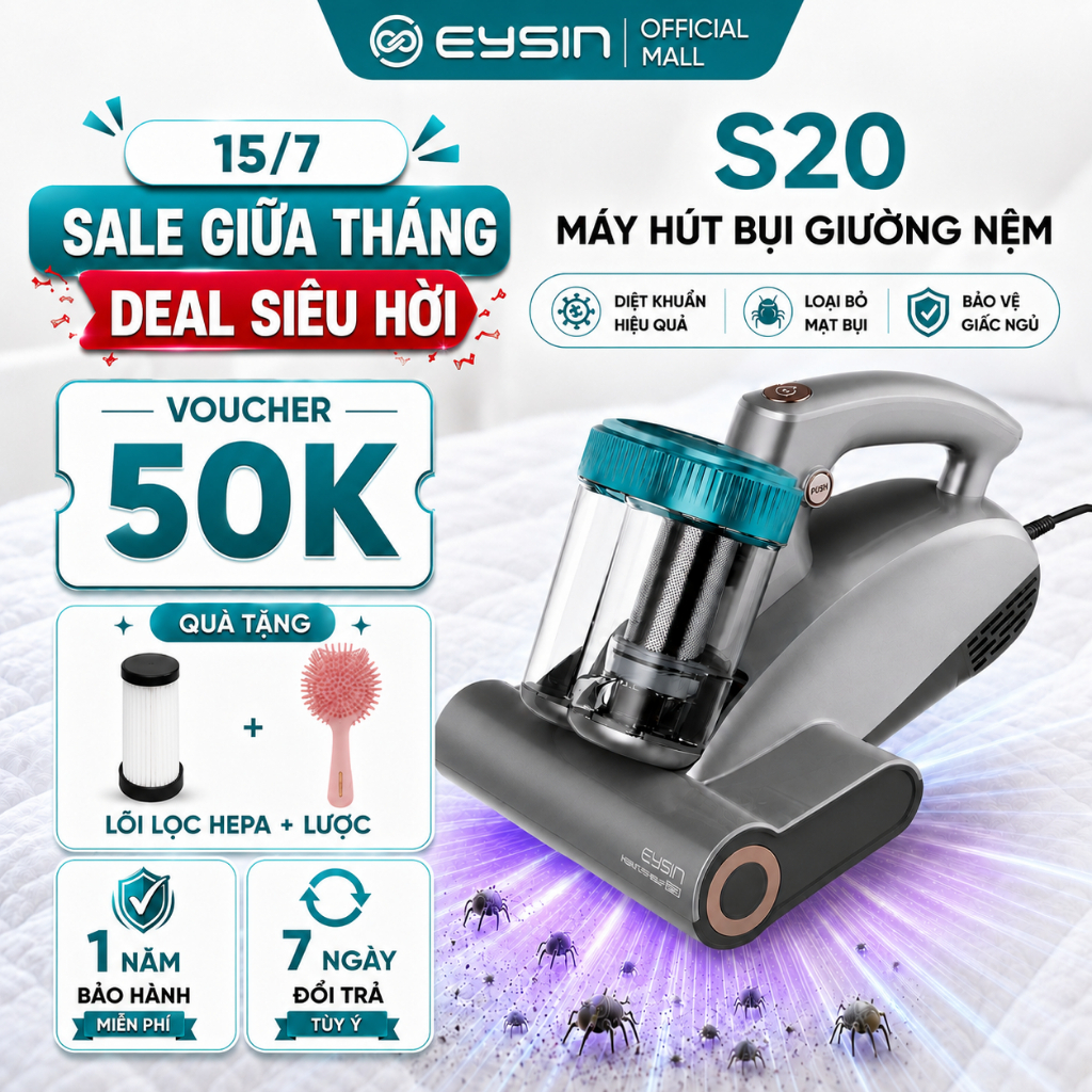 [V] Máy hút bụi giường nệm EYSIN S20 diệt khuẩn thông minh thế hệ mới Đèn UV diệt khuẩn Lõi lọc HEPA