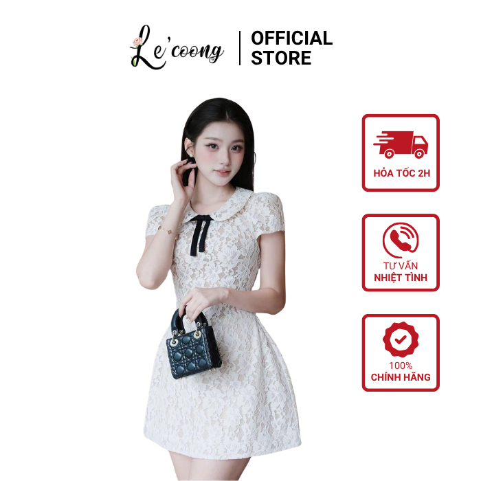 Váy Tiểu Thư Ren Hoa Cổ Sen LECOONG V890 Váy Đẹp Đính Nơ Đen Sang Chảnh