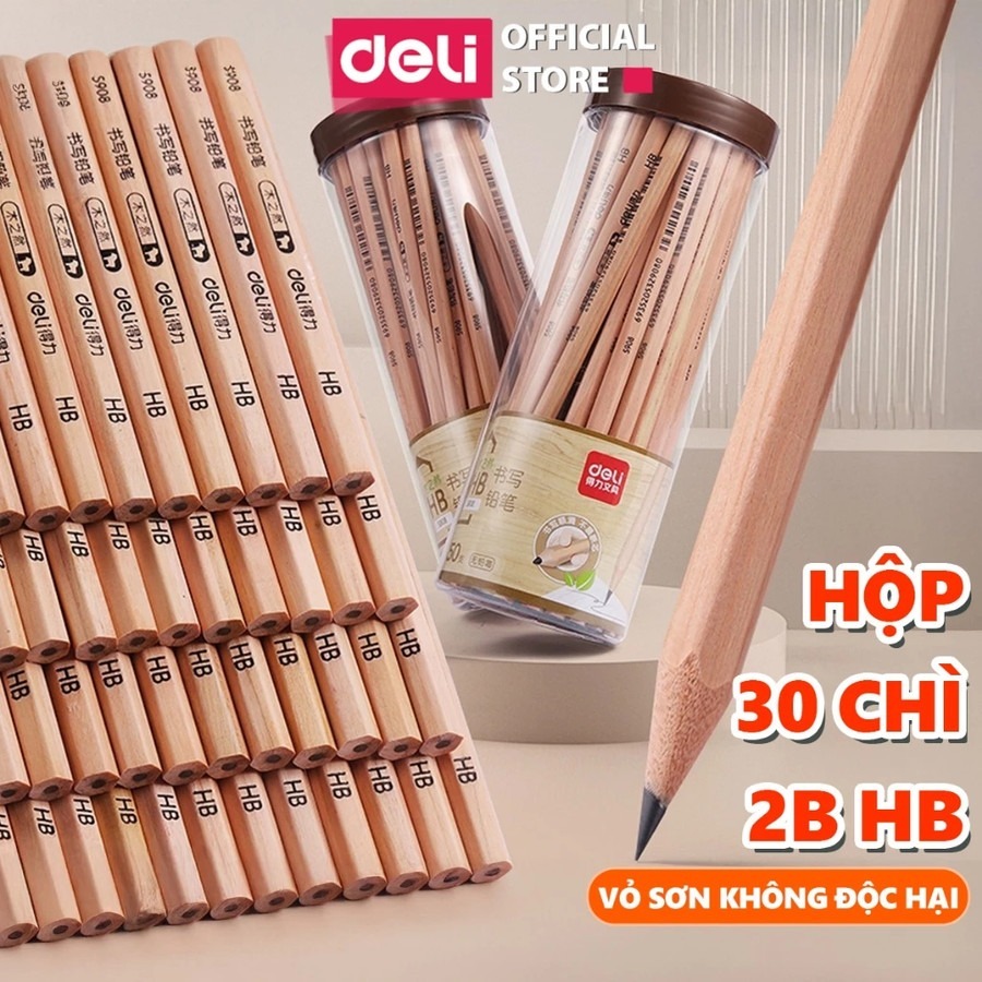 [🔥2K 1 CHÌ] Hộp 30 bút chì lục giác Deli - HB/2B thân gỗ tự nhiên, an toàn cho người sử dụng, vẽ mỹ 