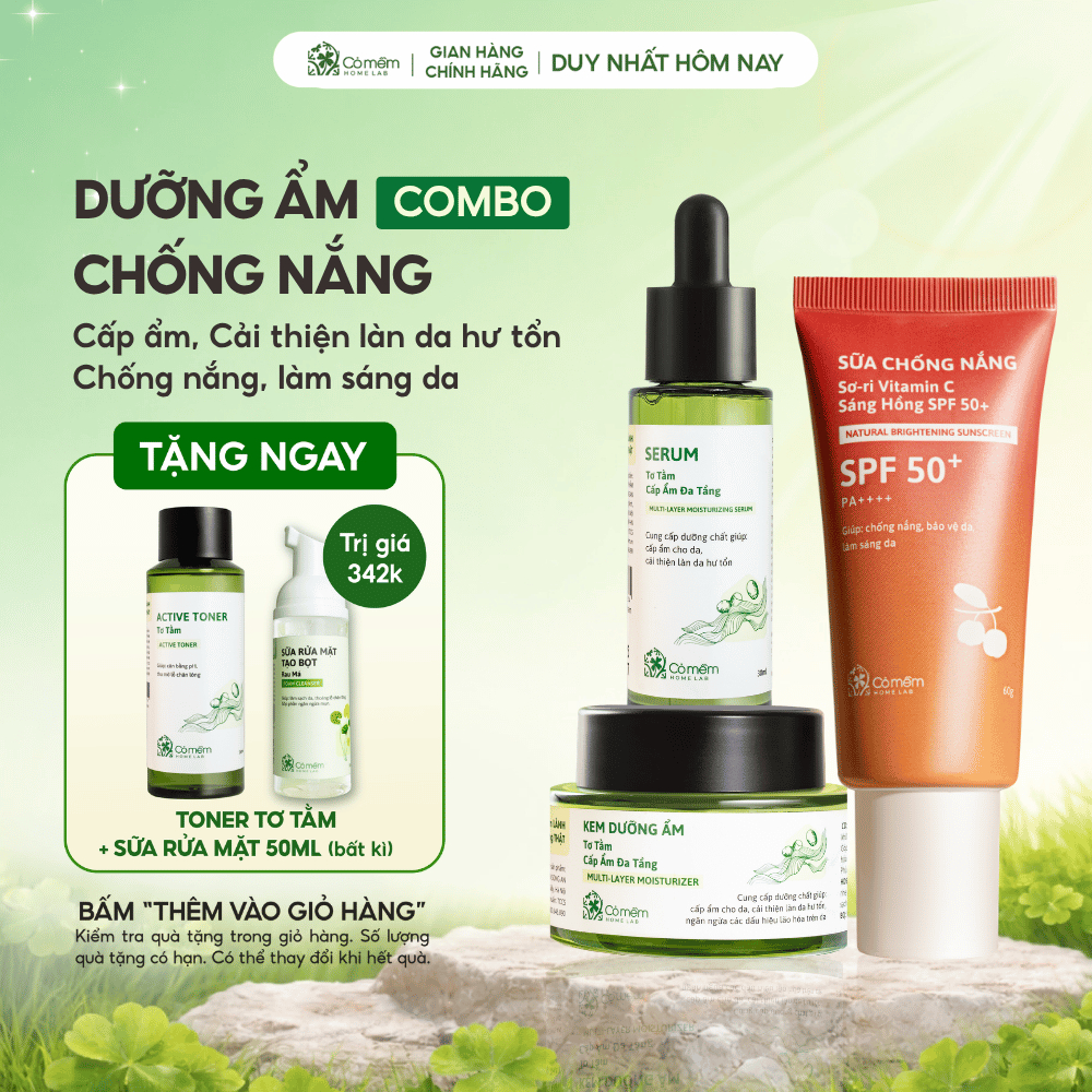 Bộ Chăm Sóc Da 3 Bước Sữa Chống Nắng Sơ-ri Vitamin C Serum Kem Dưỡng Cấp Ẩm Đa Tầng Tơ Tằm Cỏ Mềm