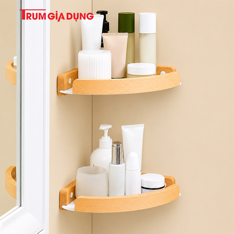 Kệ góc tường để đồ phòng tắm TRÙM GIA DỤNG chất liệu gỗ sồi và gỗ óc chó, lắp đặt 2 cách.