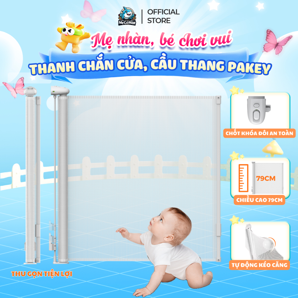 Thanh Chắn Cầu Thang, Thanh Chắn Cửa Pakey Dạng Cuộn Cao 79cm Có Thể Thu Gọn Bảo Vệ Bé An Toàn