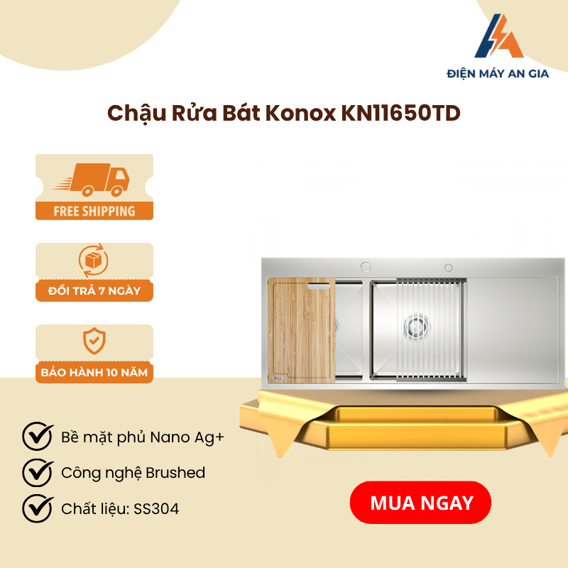 Chậu Rửa Bát Konox KN11650TD Chính Hãng – Inox SS304 – 2 Hố Có Bàn Chờ – Bề Mặt Xước Mờ - PEB
