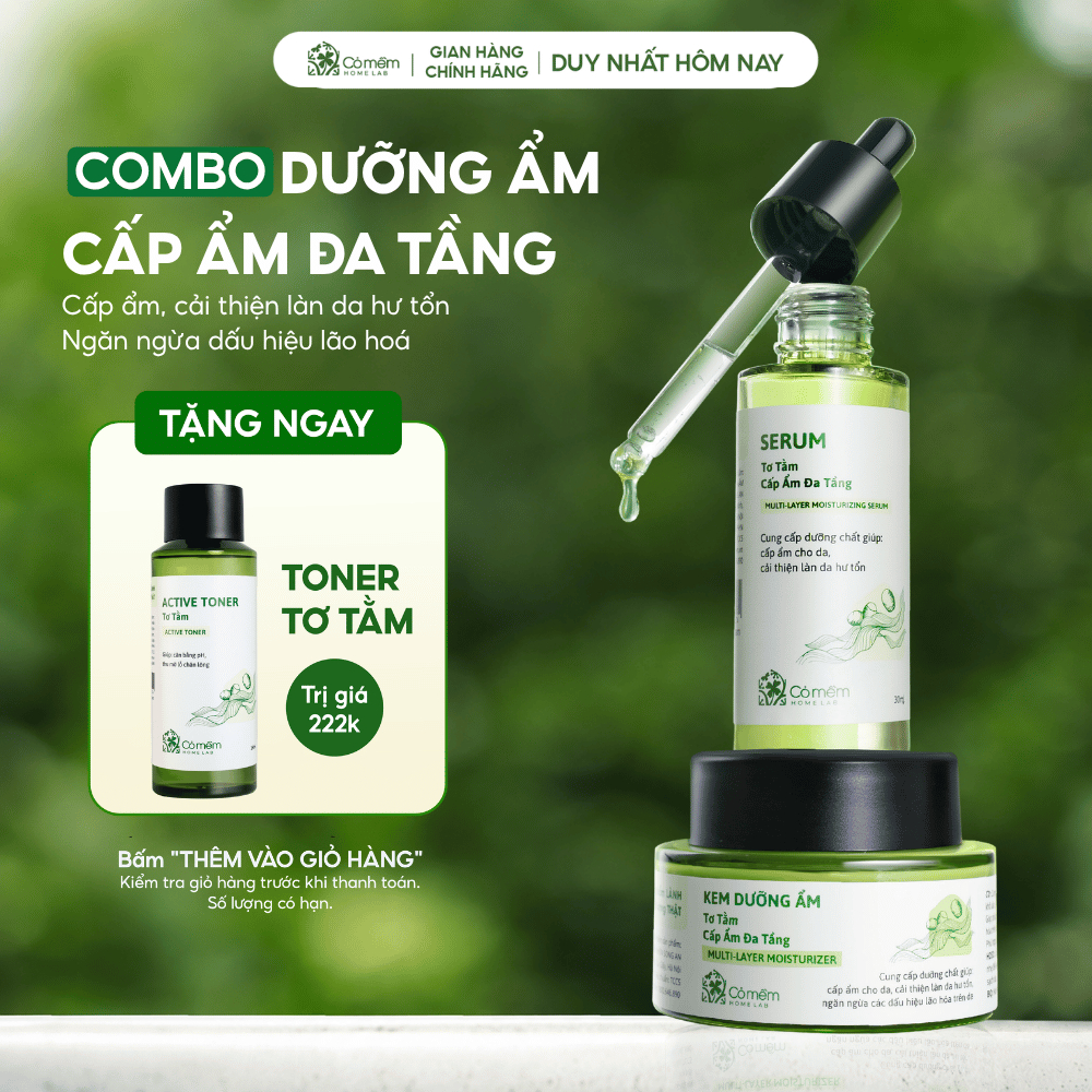 Combo Dưỡng Da Mặt Serum Kem Dưỡng Ẩm Đa Tầng Tơ Tằm Với Hoạt Chất HA B5 Creamide Betaglucan Cỏ Mềm
