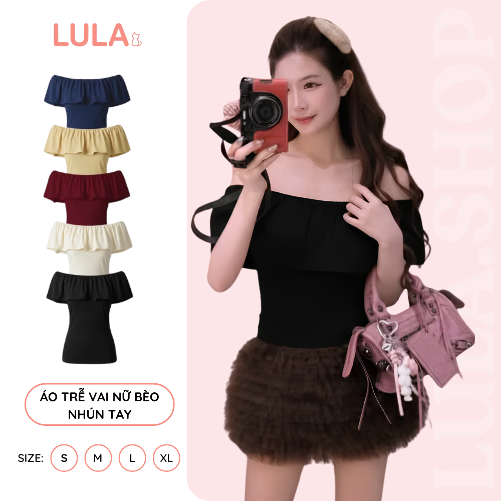 Áo trễ vai nữ bèo nhún tay ngắn form ôm co giãn áo thun trễ vai basic dễ phối đồ - Lula shop