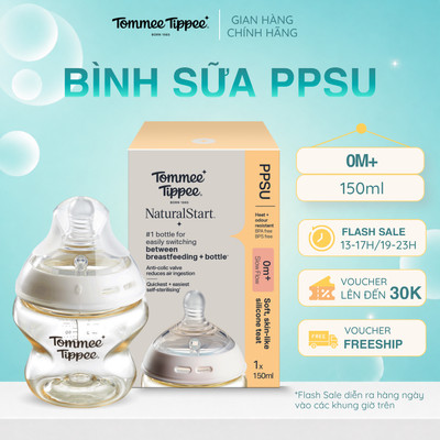 Bình Sữa PPSU Ty Siêu Mềm Tự Nhiên Tommee Tippee 150ml, Núm Ty Của Bình 0-3 Tháng