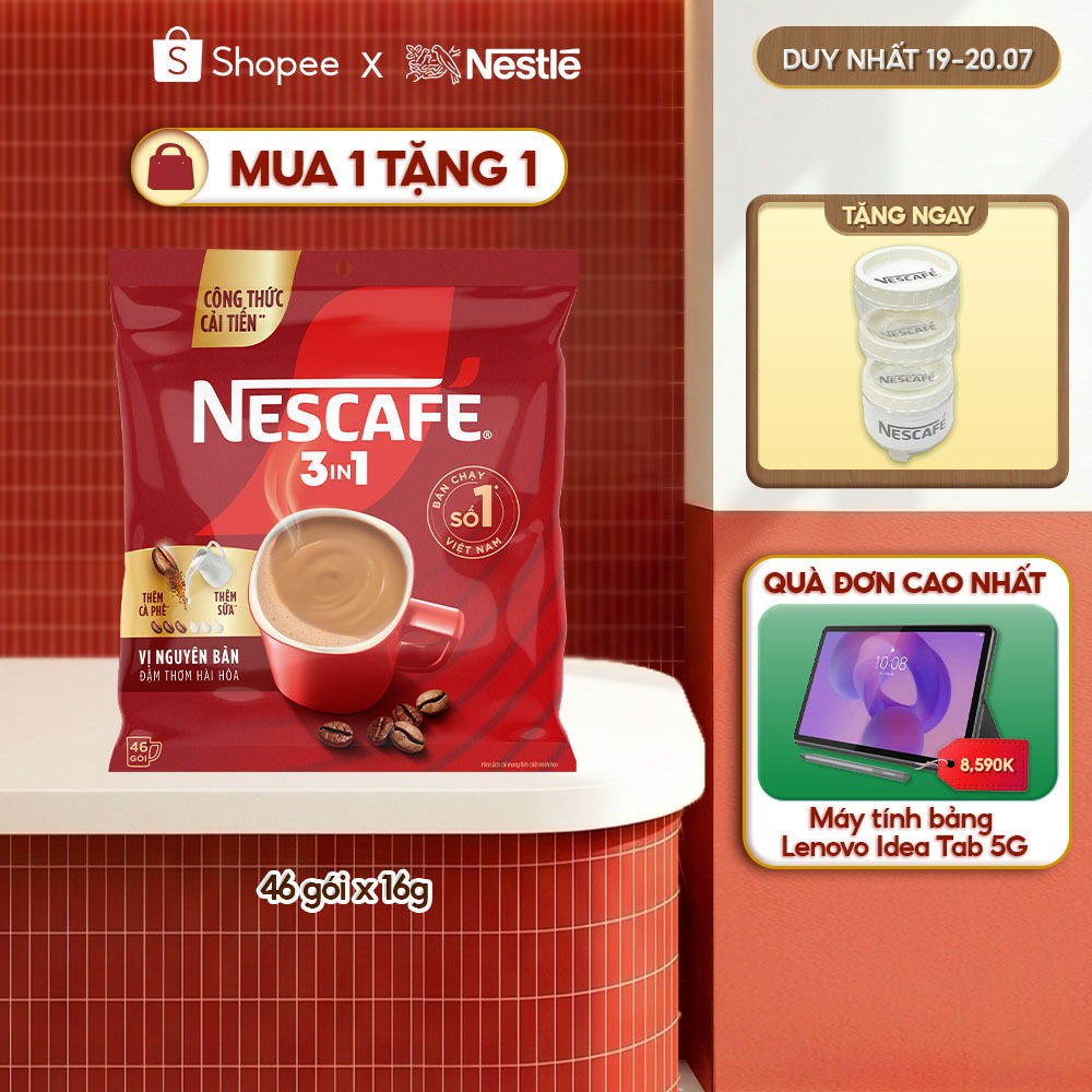 [Tặng Bộ 3 hũ đựng gia vị NESCAFÉ] Bịch Cà phê Hòa tan NESCAFÉ VỊ NGUYÊN BẢN 46 gói Đậm Thơm Hoàn Hả