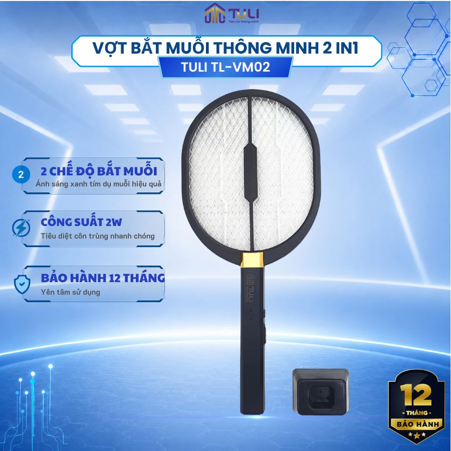 Vợt muỗi TULI VM02, Pin sạc cao cấp, 2 trong 1 kiêm đèn bắt muỗi,Để Bàn,Dễ Sử Dụng Bảo Hành 12 Tháng