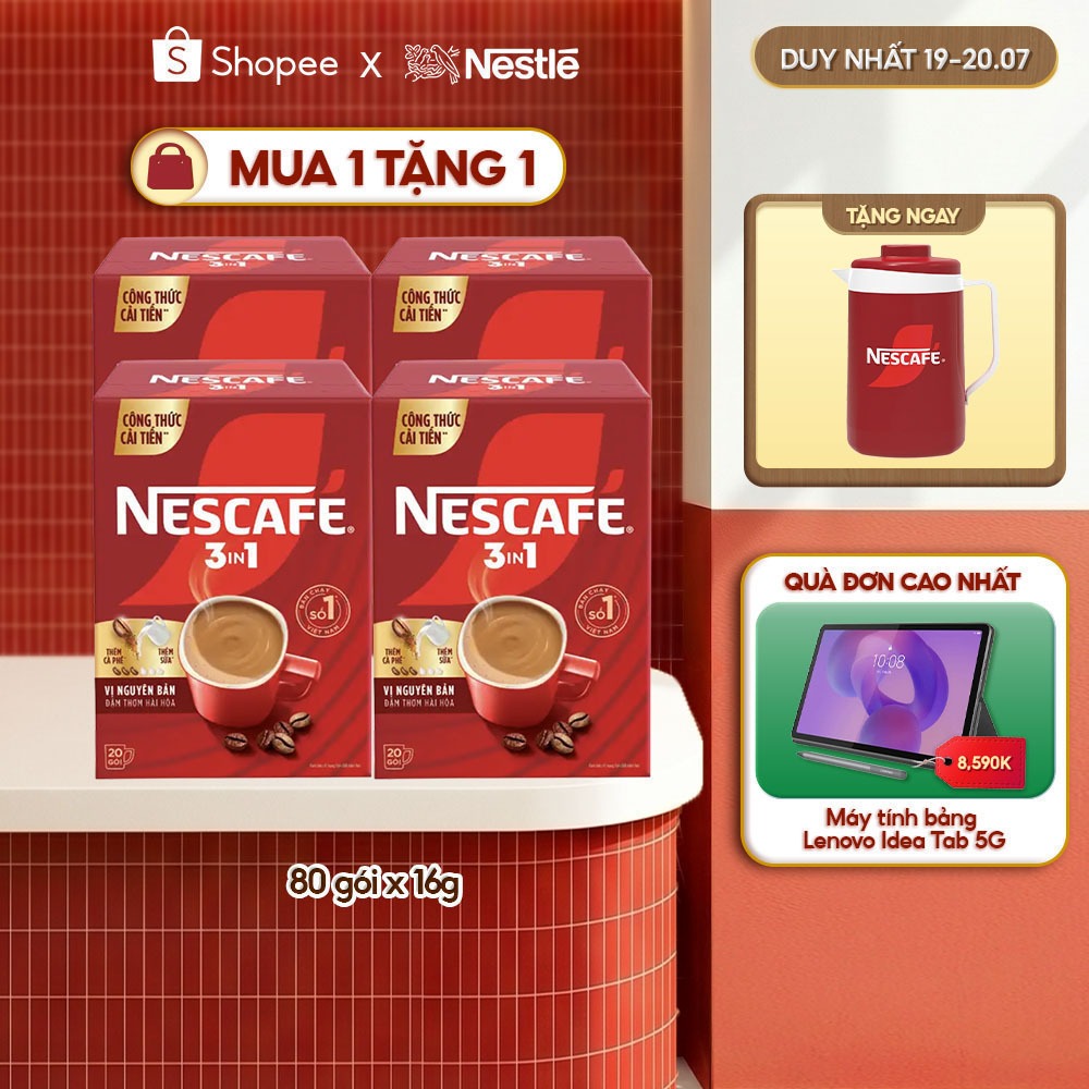 [Tặng Ca đá Nescafé] Combo 4 Hộp Cà phê Hòa tan NESCAFÉ VỊ NGUYÊN BẢN 20 gói Đậm Thơm Hoàn Hảo