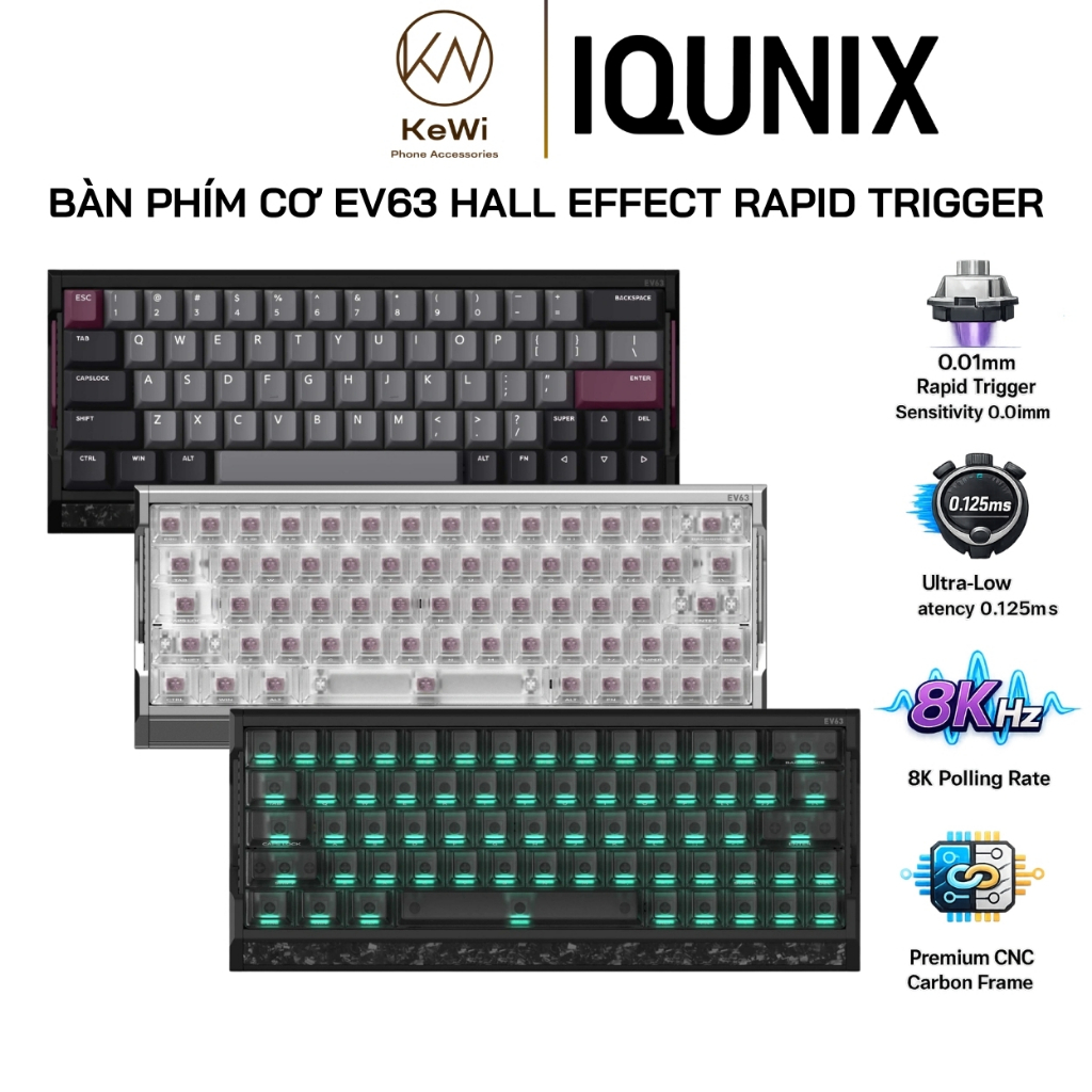 Bàn Phím Cơ Gaming IQUNIX EV63 Hall Effect, Rapid Trigger 0.01mm, Polling Rate 8000Hz, Khung Nhôm CN