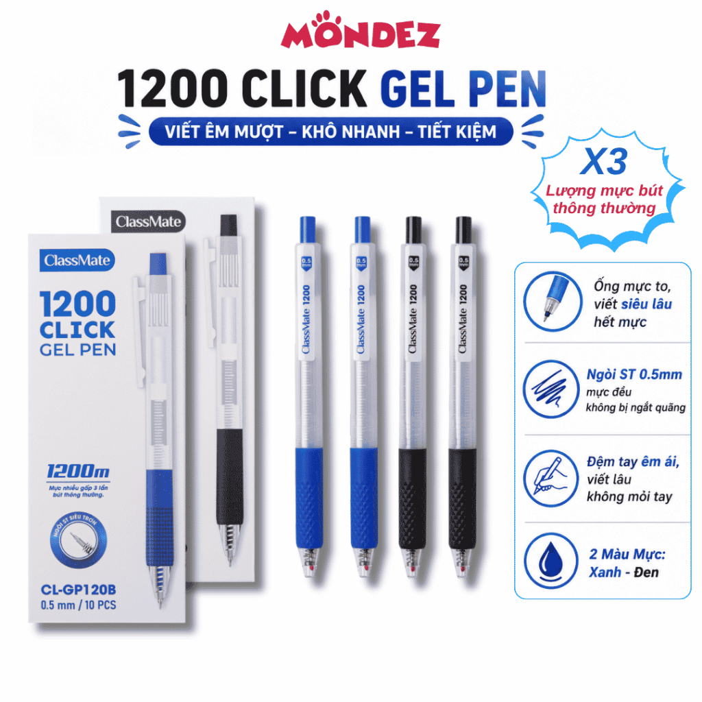 [X3 LƯỢNG MỰC] Hộp 10 Bút Gel ClassMate Ngòi ST 0.5mm Viết Trơn Tru, Mực Nhanh Khô, Lâu Hết Mực, Chố