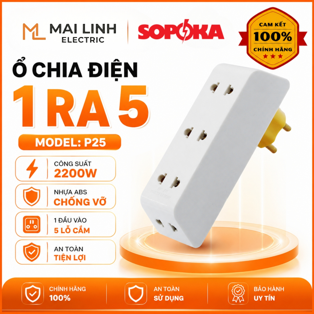 [Chính Hãng] Ổ chia ra điện 1 ra 5 lỗ SOPOKA - Công suất 2200W - Nhựa ABS chống vỡ -Model P25