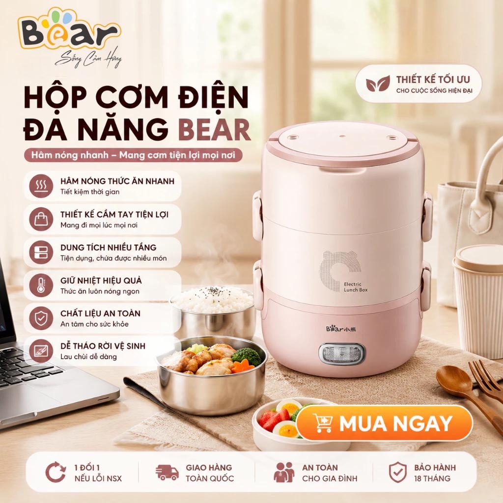 Hộp cơm cắm điện 3 tầng Bear DFH-B20S6 - Khay inox 304, 270W, nấu đa năng