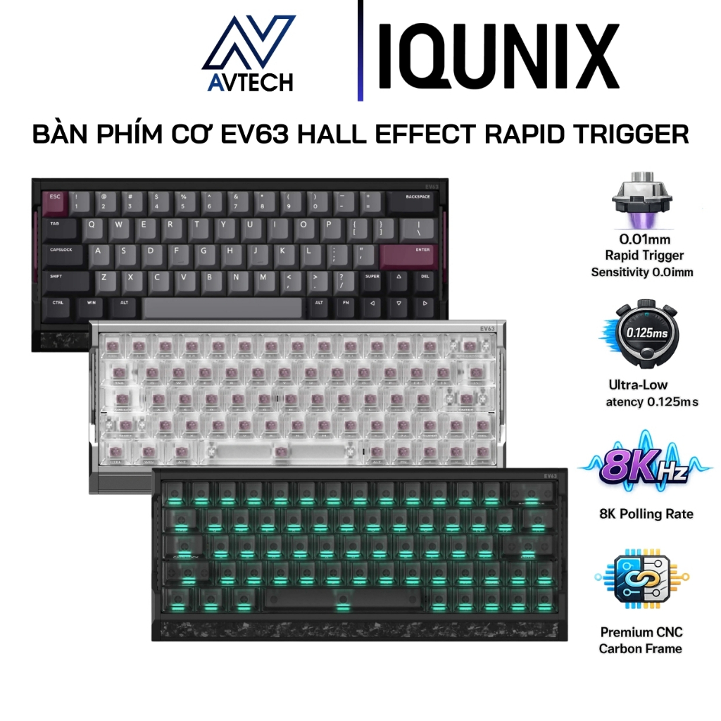 Bàn Phím Cơ Gaming IQUNIX EV63 Hall Effect, Rapid Trigger 0.01mm, Polling Rate 8000Hz, Khung Nhôm CN