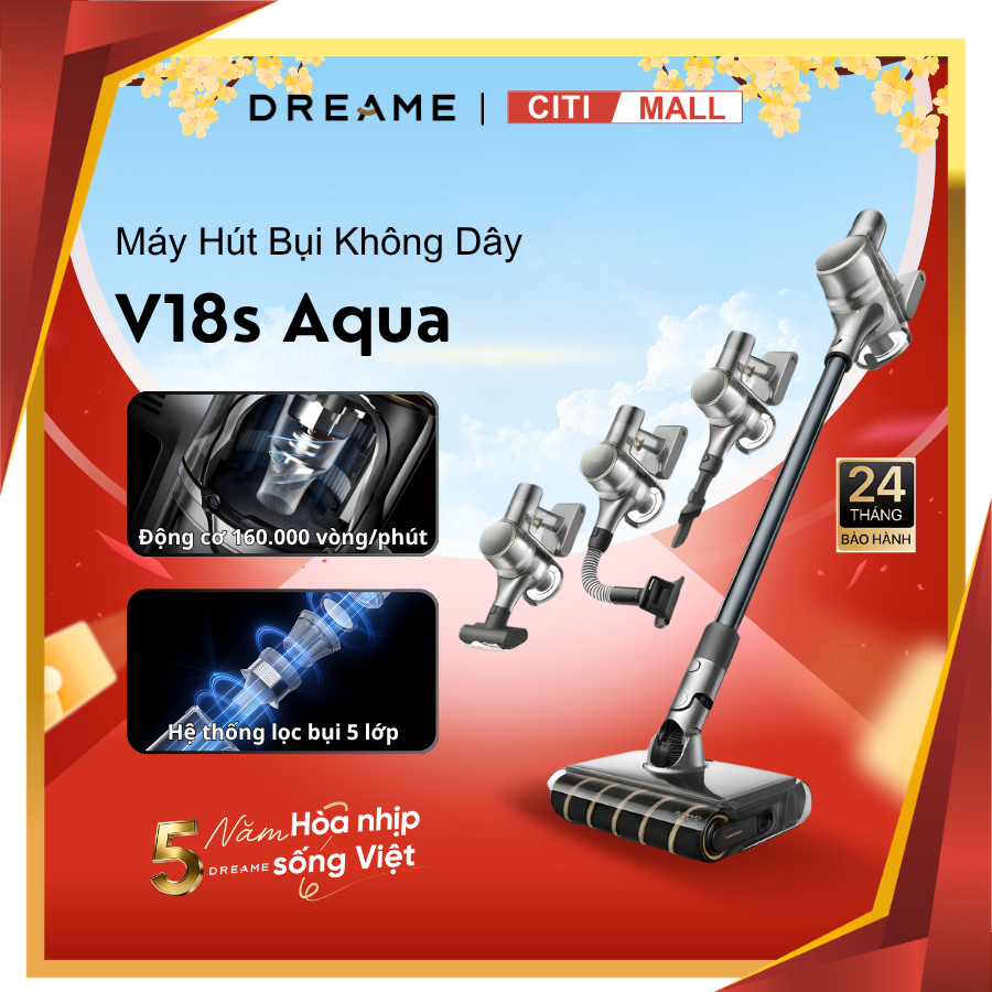 Máy Hút Bụi Không Dây Dreame V18S Aqua(+lau nhà) - Lực Hút 230AW - Pin 90' - Đèn LED Xanh
