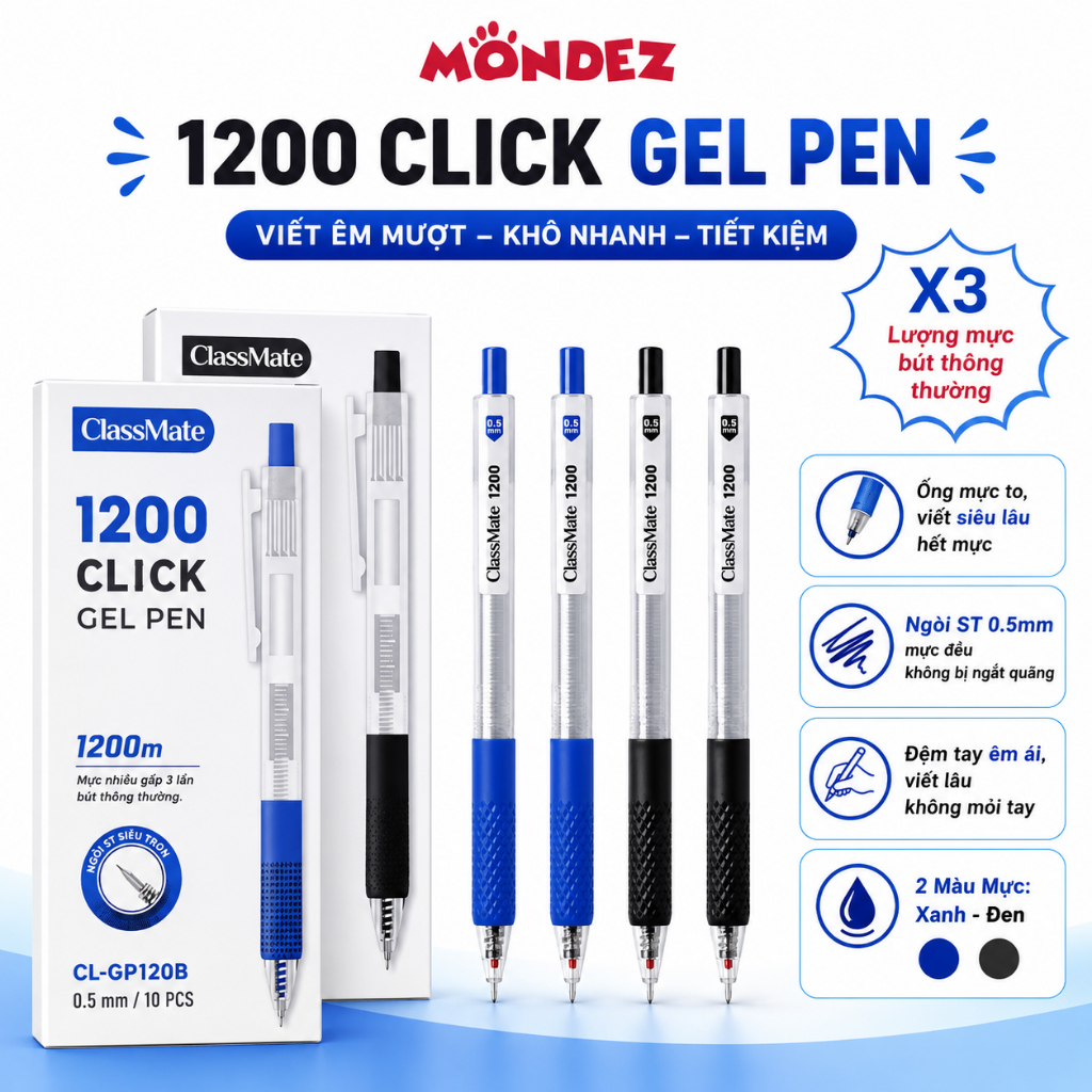 Hộp 10 Bút Gel ClassMate X3 Lượng Mực, Ngòi ST 0.5mm Mực Đều Viết Mượt, Nhanh Khô, Lâu Hết Mực, Đệm 