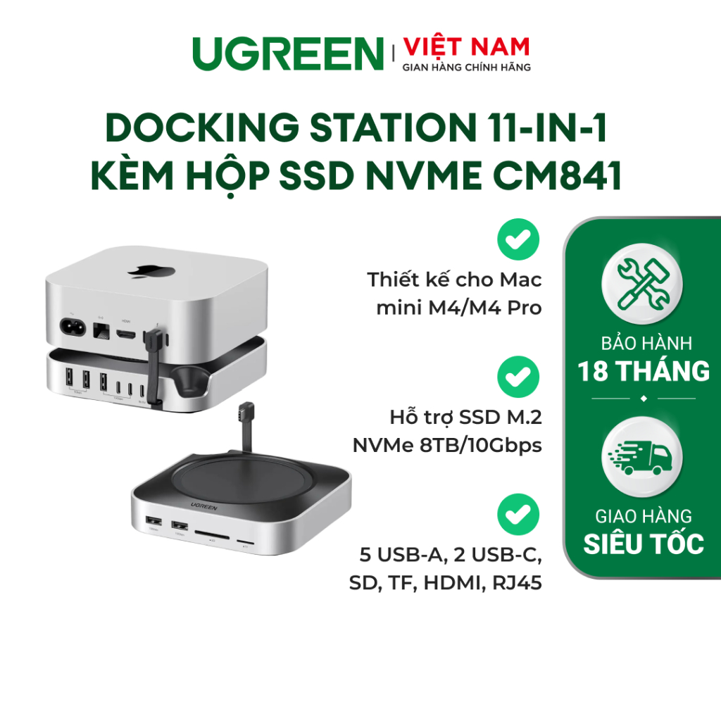 Ugreen Hub Docking Station cho M4/M4 Pro M.2 NVMe SSD 8TB Max 10Gbps USB-A  USB-C SD & TF | BH 18 Th