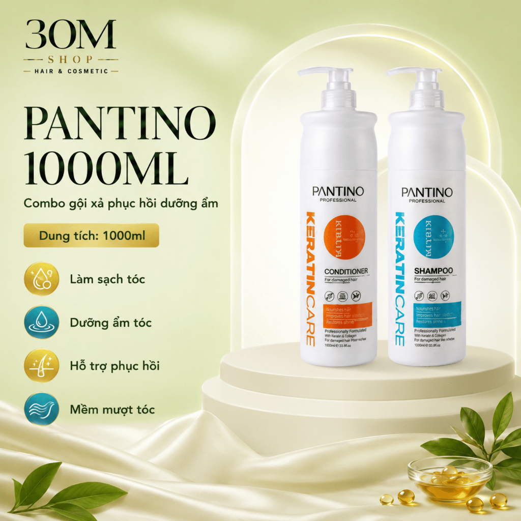 Combo Dầu Gội Xả Pantino Professional Keratin Care 1000ml | Keratin Collagen Biotin Dưỡng Tóc Mềm Mư