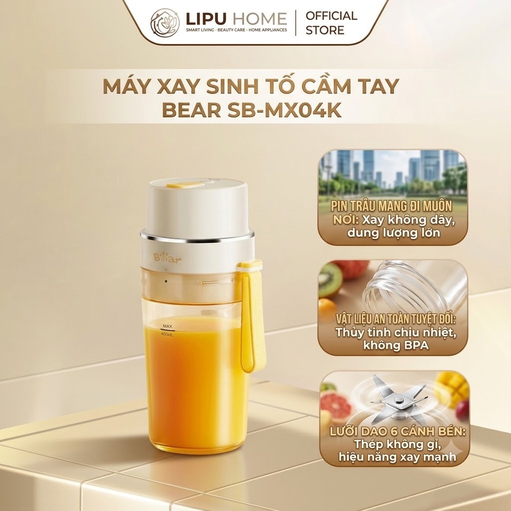 Máy xay sinh tố cầm tay Bear SB-MX04K - Chính hãng Bảo hành 18 Tháng - 1 đổi 1 30 ngày - MỚI 2026