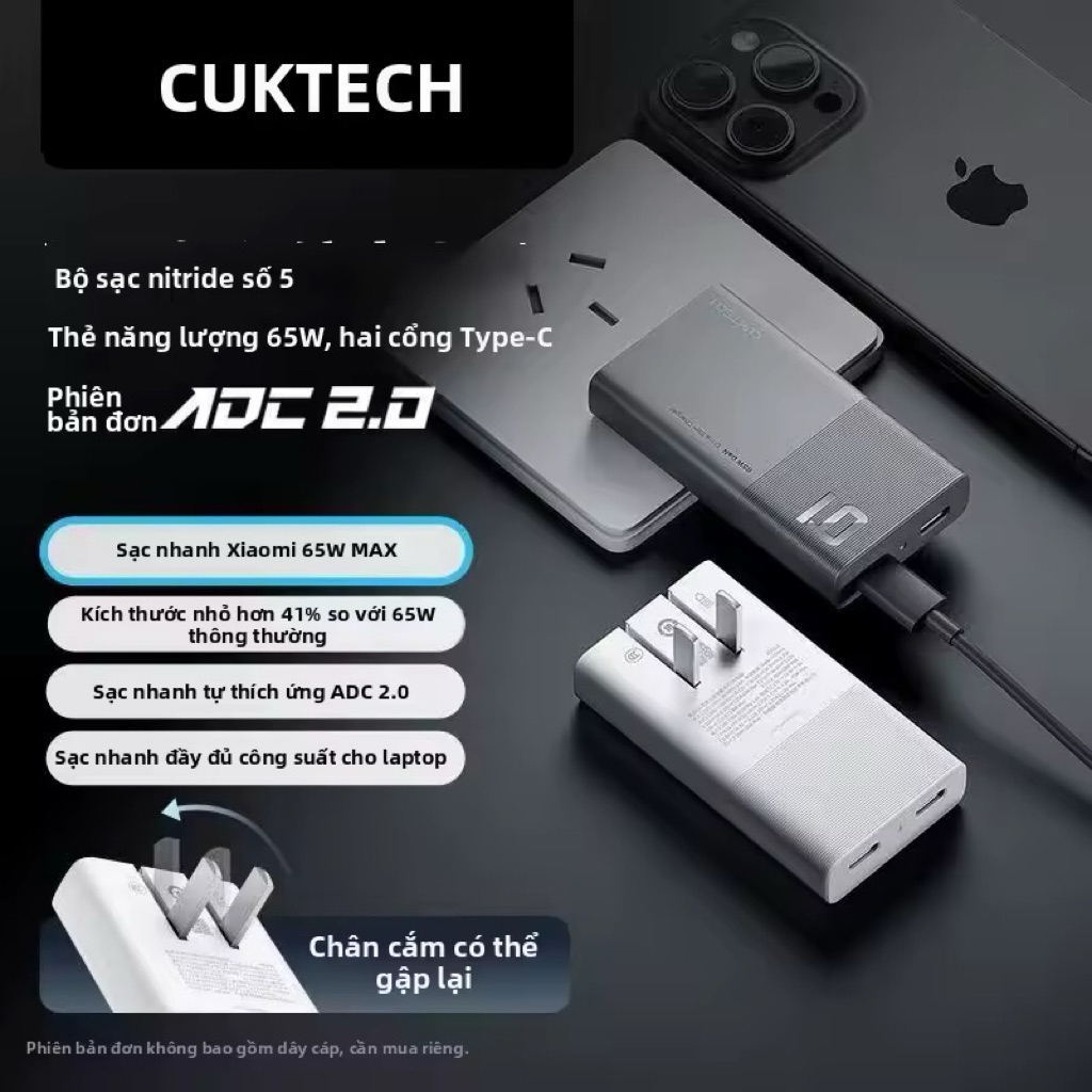 Củ Sạc Cuktech 65w 2 Cổng C Ultra Slim PD/PPS2.0/QC4.0+ AC65B2 AD652S - Màu xám