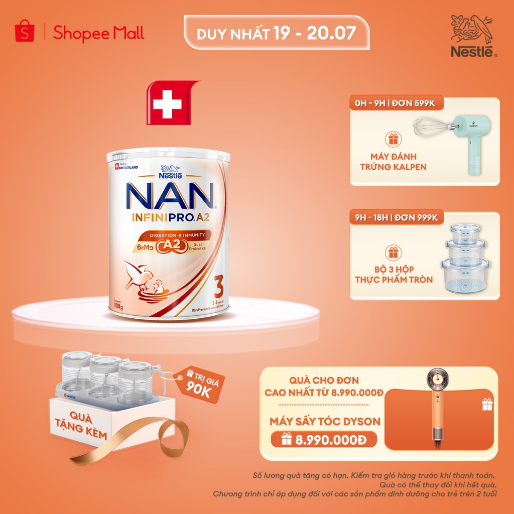 [Tặng Bộ 3 hũ gia vị] Sữa bột Nestlé NAN INFINIPRO A2 3 800g với công thức chứa đạm A2, 6HMO & Lợi k