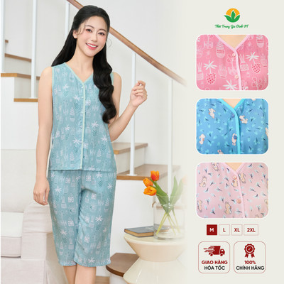 Đồ bộ mặc nhà nữ lanh tole Việt Thắng thoáng mát, áo sát nách quần lửng họa tiết trẻ trung B05.6048