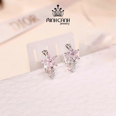 Bông Tai Bạc Bấm Hoa 5 Cánh Đá Hồng - Minh Canh Jewelry