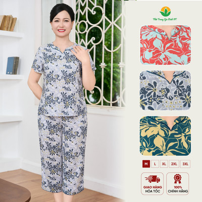 Bộ lanh trung niên Việt Thắng, bộ đồ cho bà, cho mẹ quần lửng áo cổ tàu mặc ở nhà, đi chơi  B06.6053
