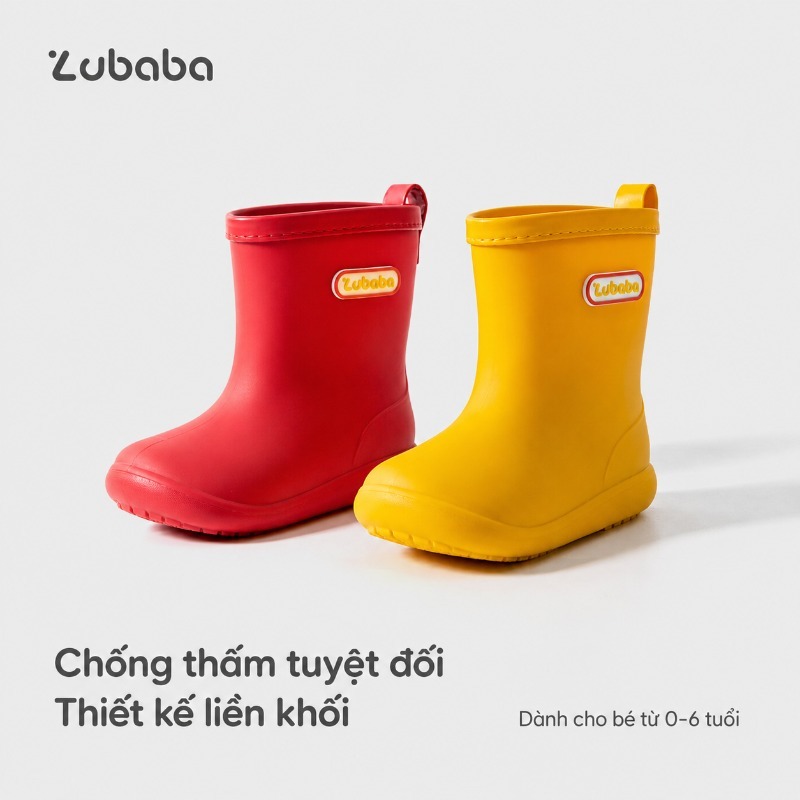 Zhubaba đôi ủng đi mưa màu vàng trơn cho trẻ em, giày đi mưa màu đỏ, đồ đi mưa cho bé  giày cao su đ