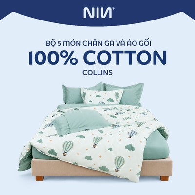Bộ 5 món chăn ga gối 100% cotton sateen NIN Collins đa dạng màu sắc và kích thước