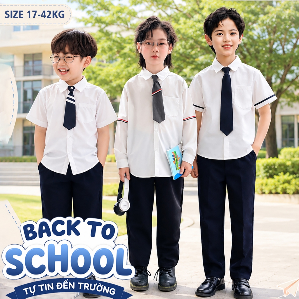 Áo Sơ Mi Trắng Bé Trai Tặng Kèm Cà Vạt, Quần Vải Lưng Thun Co Giãn Size 17-42kg