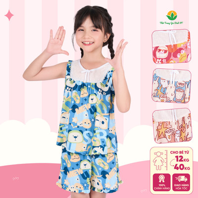 Đồ bộ bé gái mặc nhà chất Lanh Việt Thắng mềm mát, quần đùi áo sát nách họa tiết dễ thương B62.5113