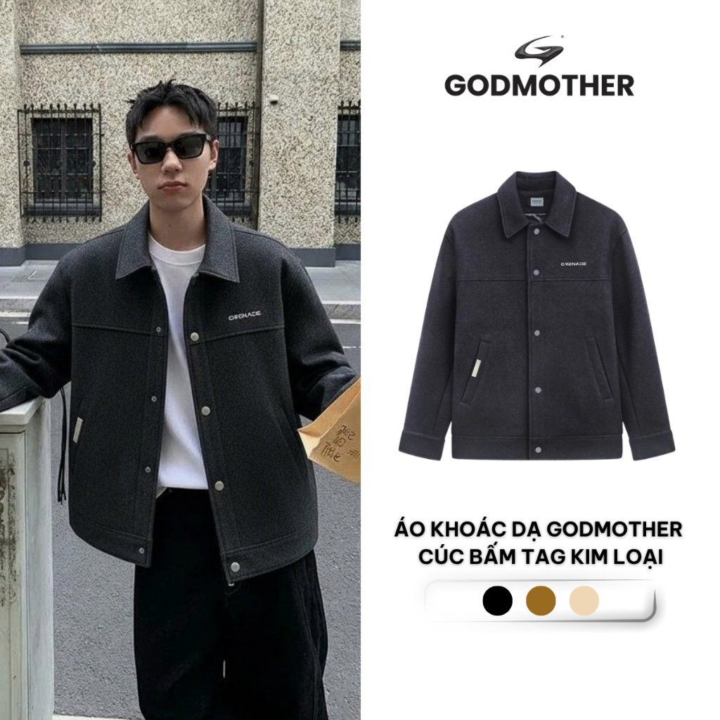 Áo Khoác Dạ GODMOTHER Cúc Bấm Tag Kim Loại Godmother, Áo Khoác Nam Chất Liệu Dạ Ép Cao Cấp