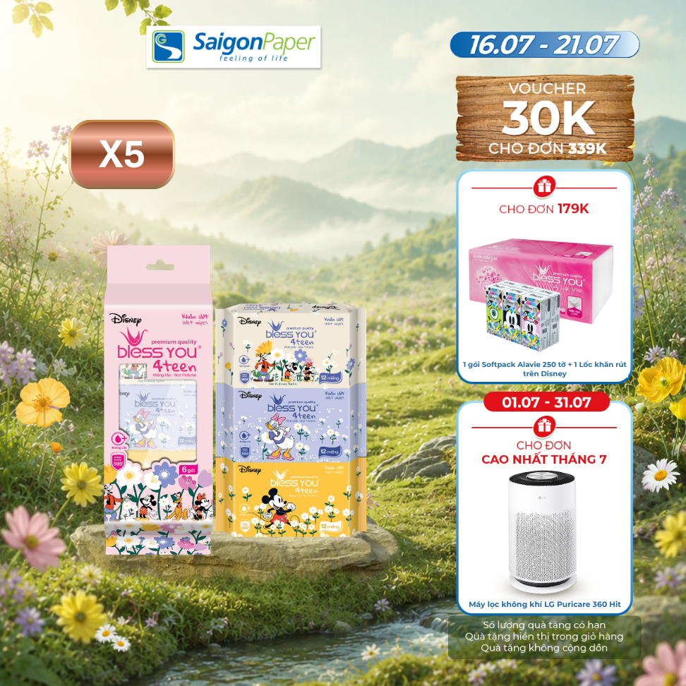 Combo 5 lốc khăn Ướt Mini Bless You 4teen 12 tờ (6 gói/ lốc)