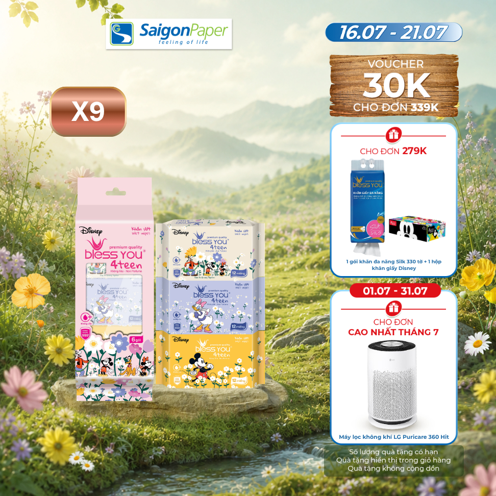 Combo 9 lốc khăn Ướt Mini Bless You 4teen 12 tờ (6 gói/ lốc)