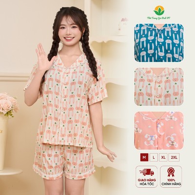 Bộ lanh pijama nữ mặc nhà Việt Thắng , quần đùi áo cộc tay cổ sam họa tiết dễ thương - B03.6106